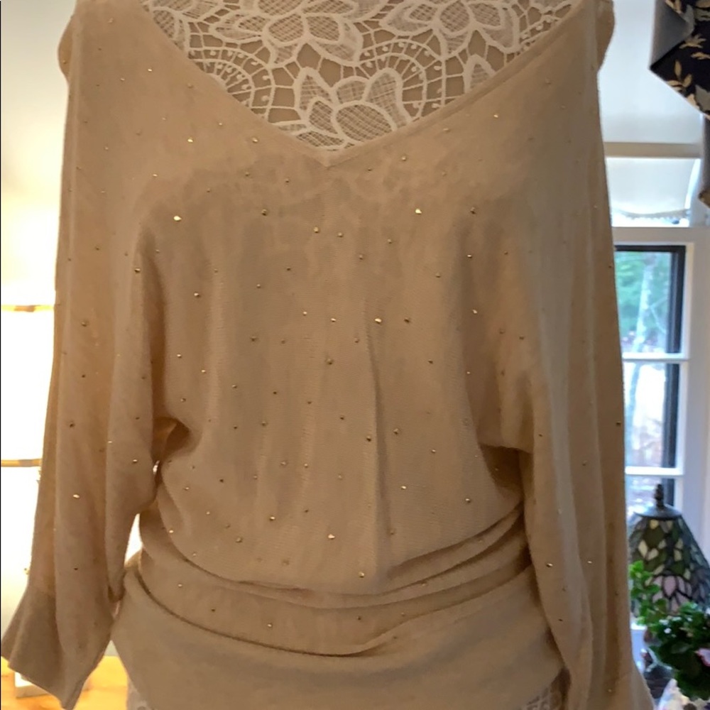 White House Black Market Cream Gold Beaded Sweater